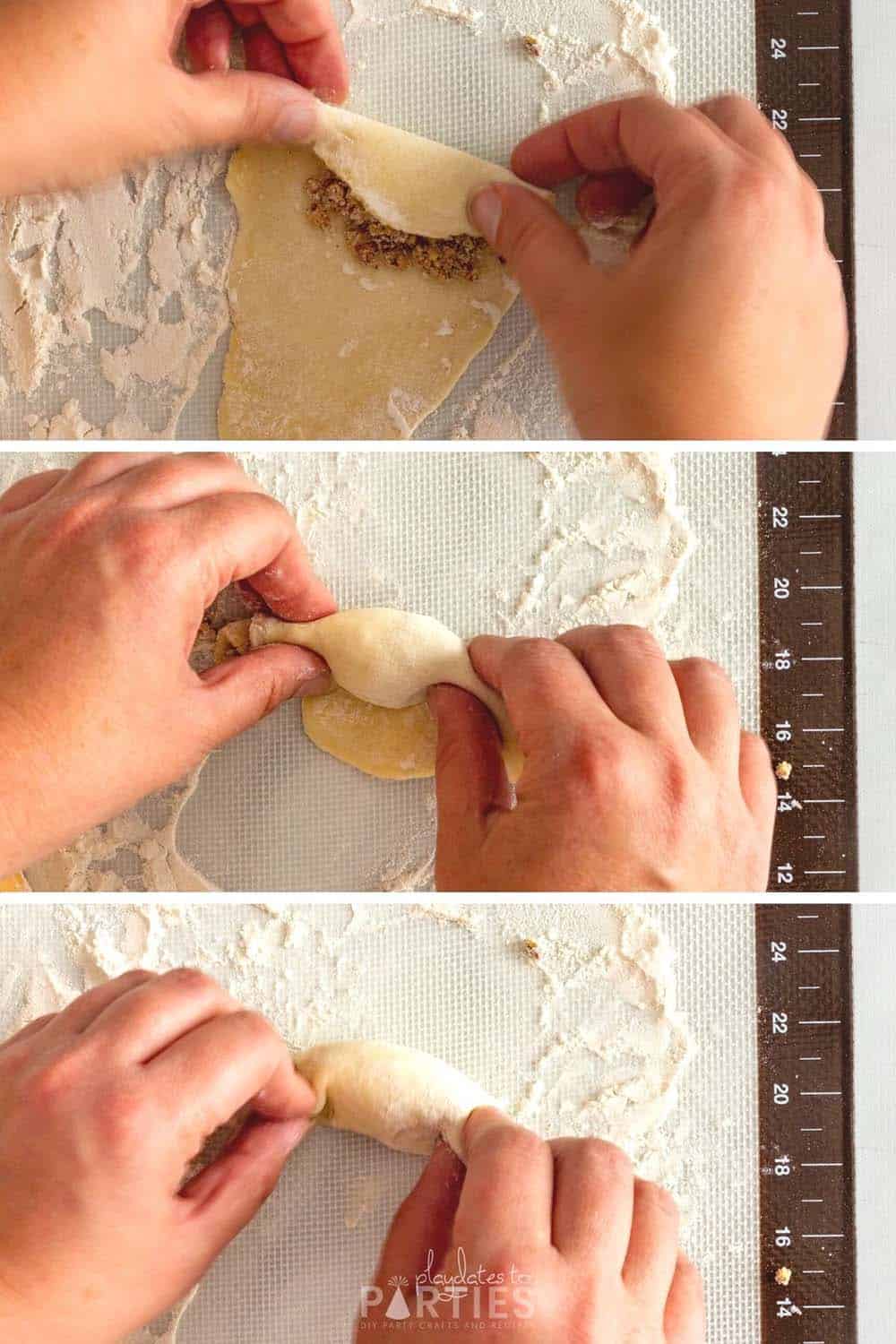 Rolling cookies with filling to create horn shape.