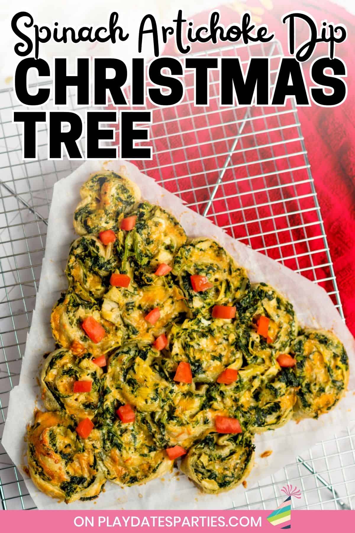 Christmas appetizer on a cooling rack with text Spinach Artichoke Dip Christmas Tree.