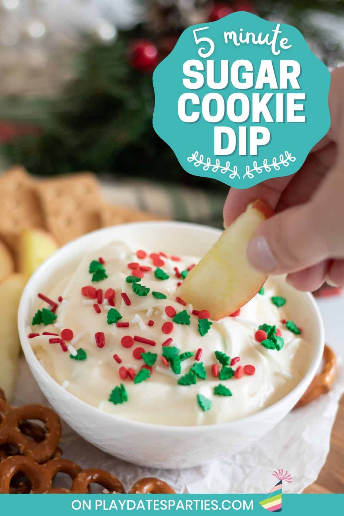 A bowl of cream cheese dip with sprinkles with text overlay 5 minute sugar cookie dip.