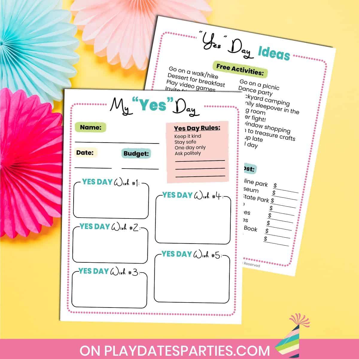 Two Yes Day planner pages on a yellow background.