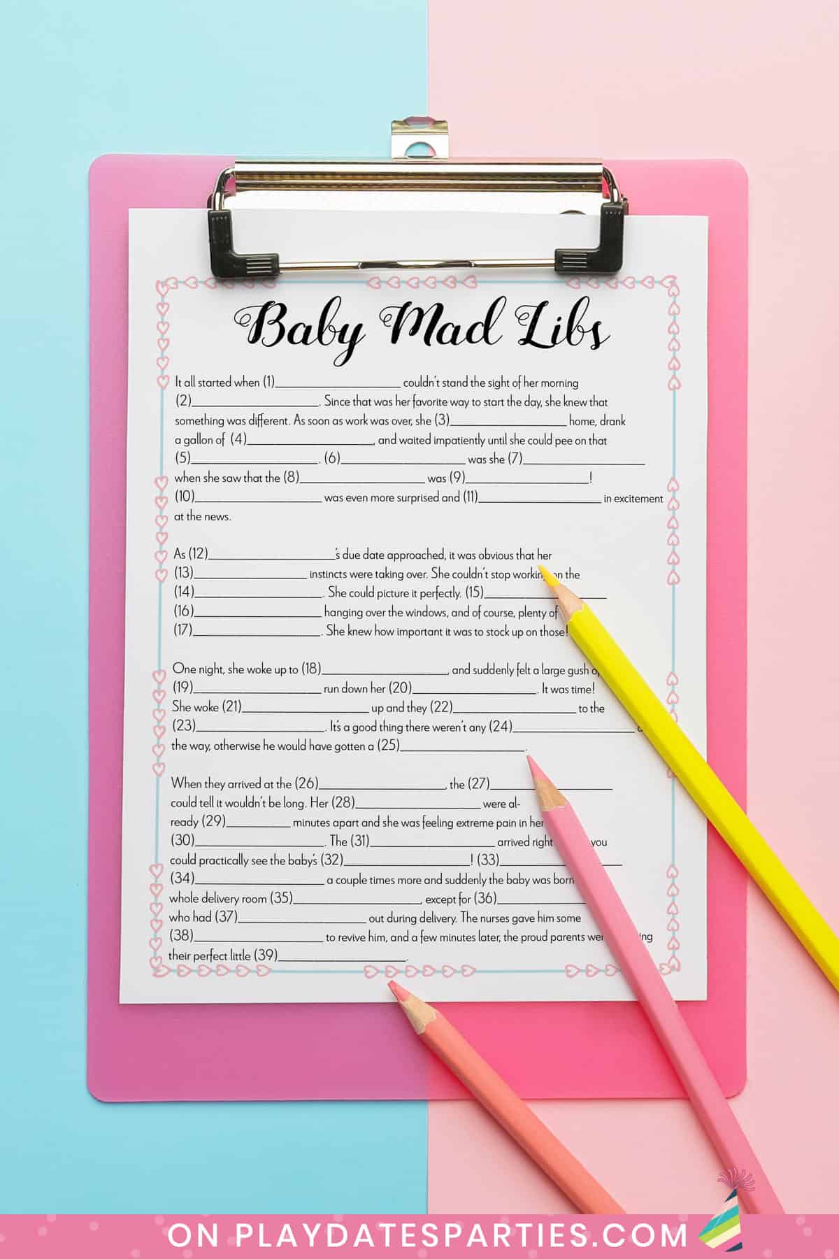 Baby mad libs party game.