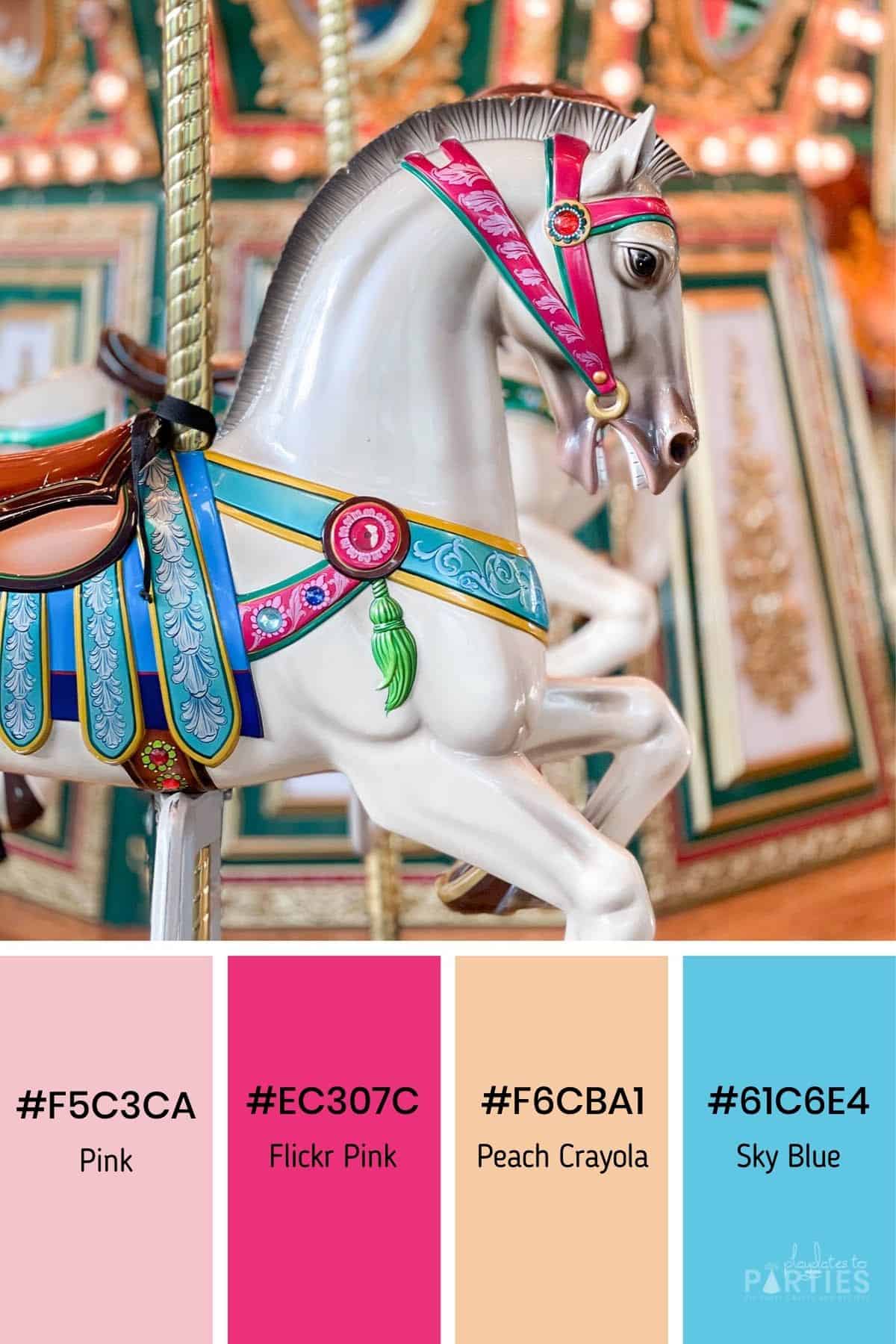 Pink and gold color palette inspired by a white carousel horse with colorful decorations.