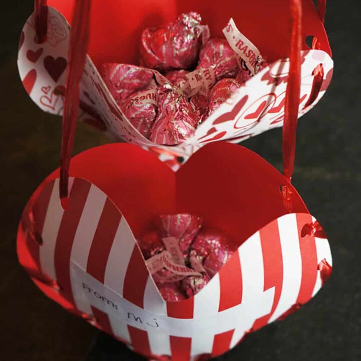 Hanging treat pockets shaped like hearts.