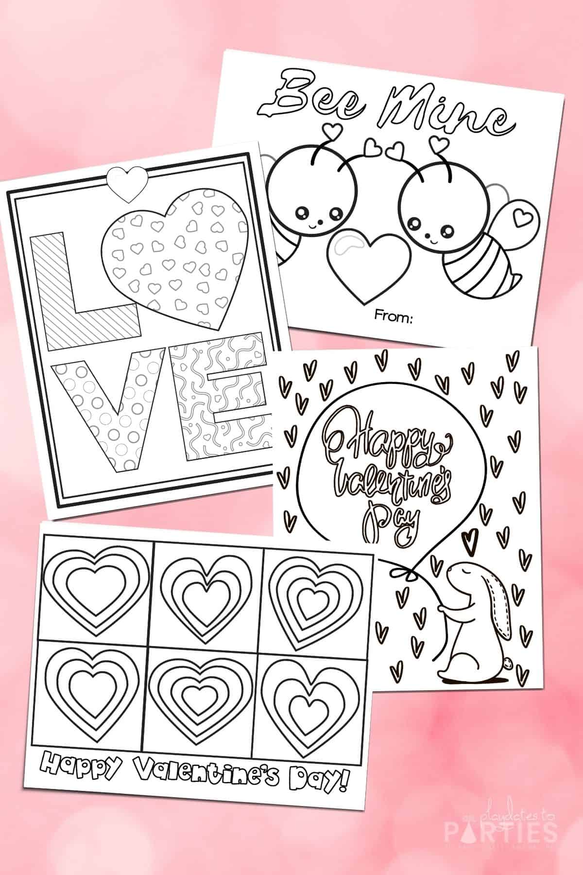 Mockup of four free Valentine's Day coloring pages printable sheets.