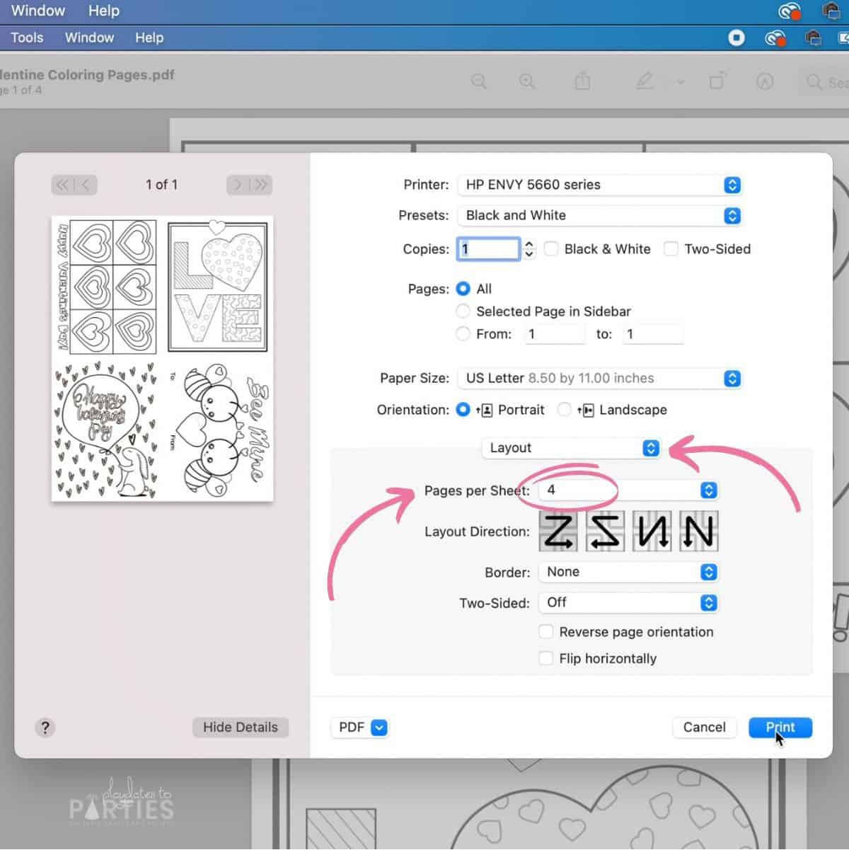 Screen shot showing how to print all coloring sheets on one page.