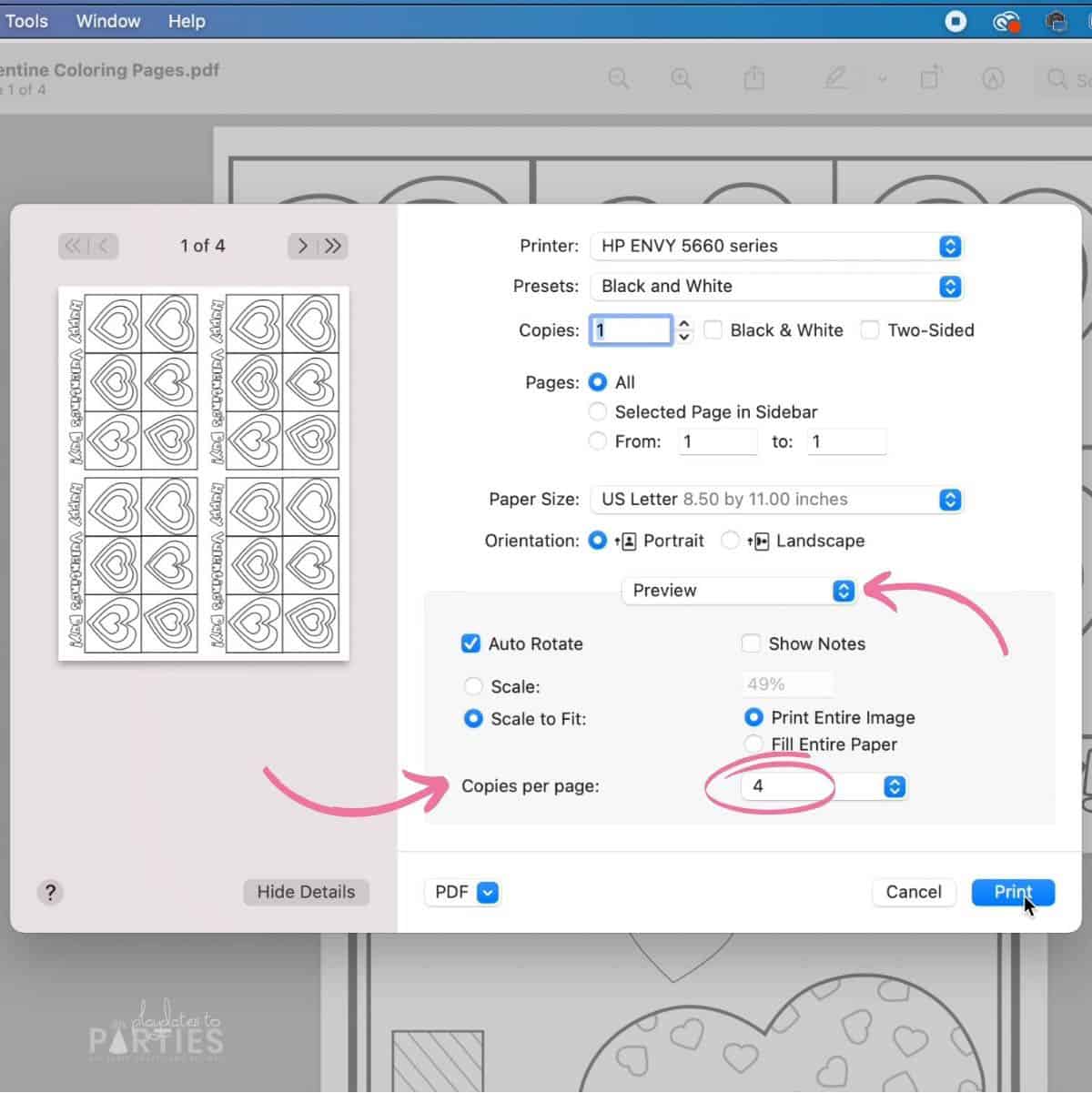 Screenshot showing how to print multiple copies of one page per sheet.
