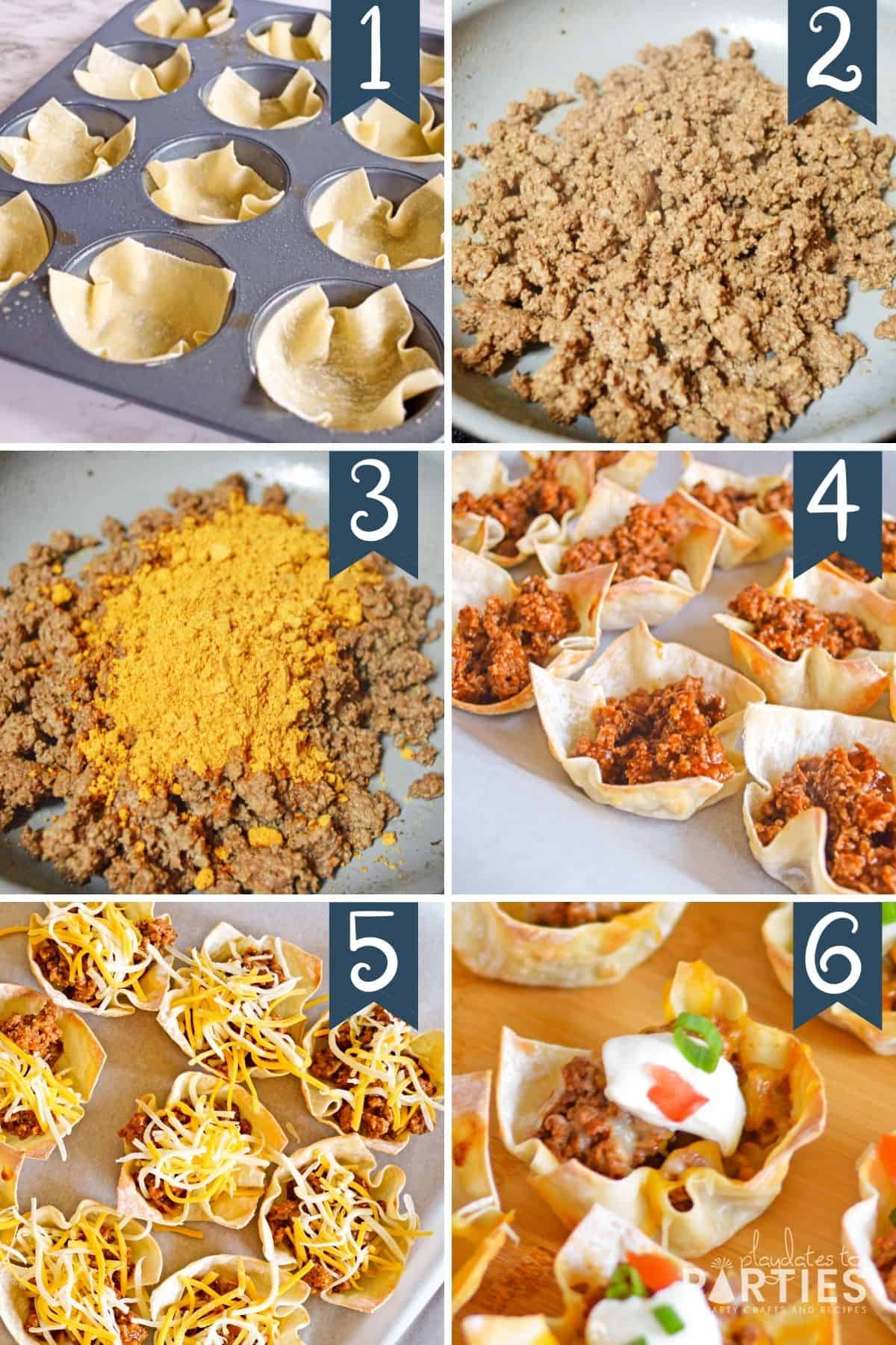 Step by step how to make wonton taco cups.