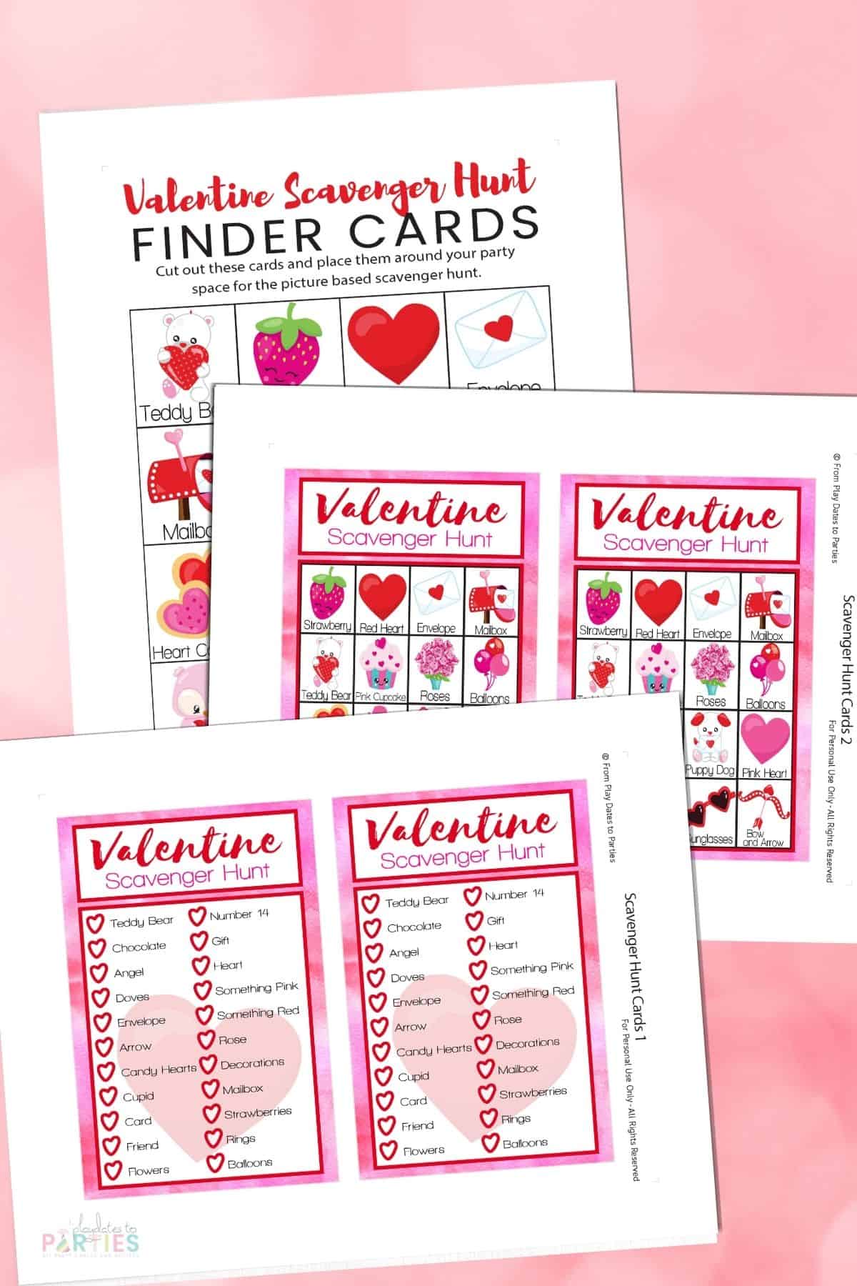 Mockup of three scavenger hunt pages on a pink background.