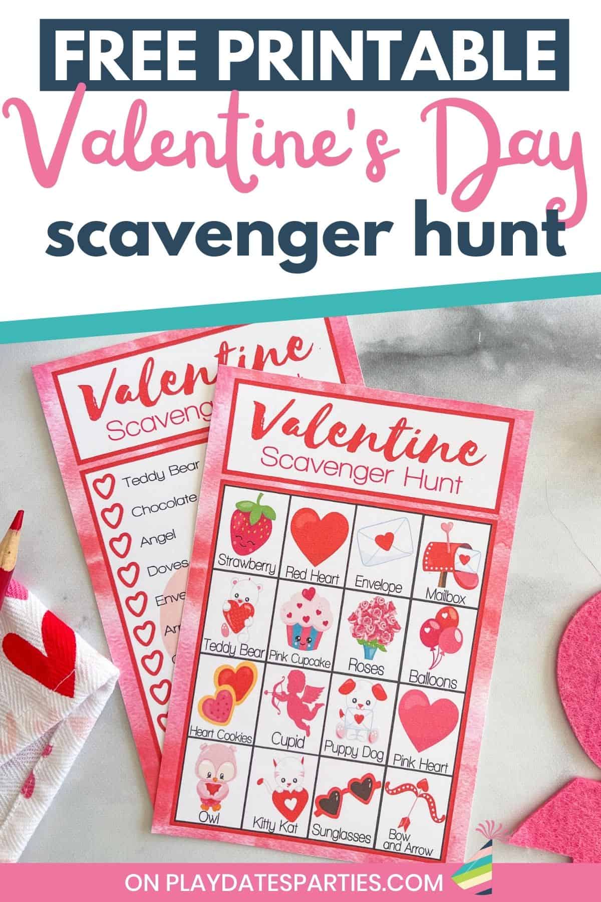 Two different games on a table, with text overlay Free Printable Valentine's Day scavenger hunt.