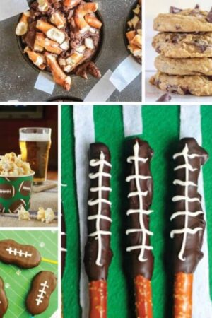 Collage of football themed snacks and desserts for the Super Bowl.