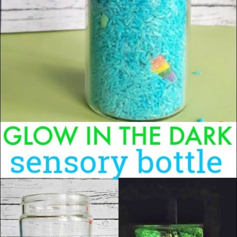 Collage of sensory bottle photos with text glow in the dark sensory bottle.