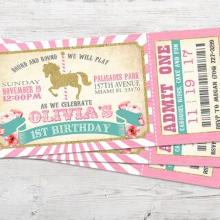 Party invitations that look like carnival tickets with a gold carousel horse.
