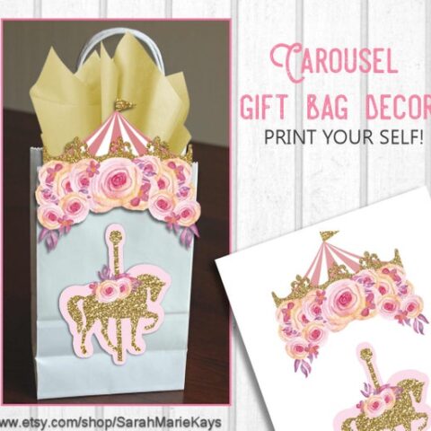 Collage of a gift bag decorated with printable carousel decorations.