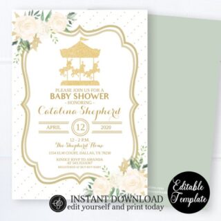 Gender neutral gold baby shower invitations.