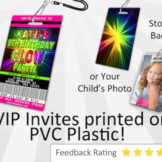 Glow party invitations that look like VIP passes.