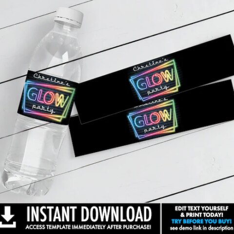 Personalized neon glow party water bottle labels.