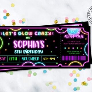 Glow in the dark birthday invitation that looks like an event ticket.