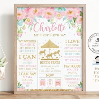 Carousel themed first birthday statistics sign.