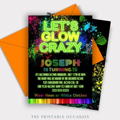 Colorful paint style glow party invitation.