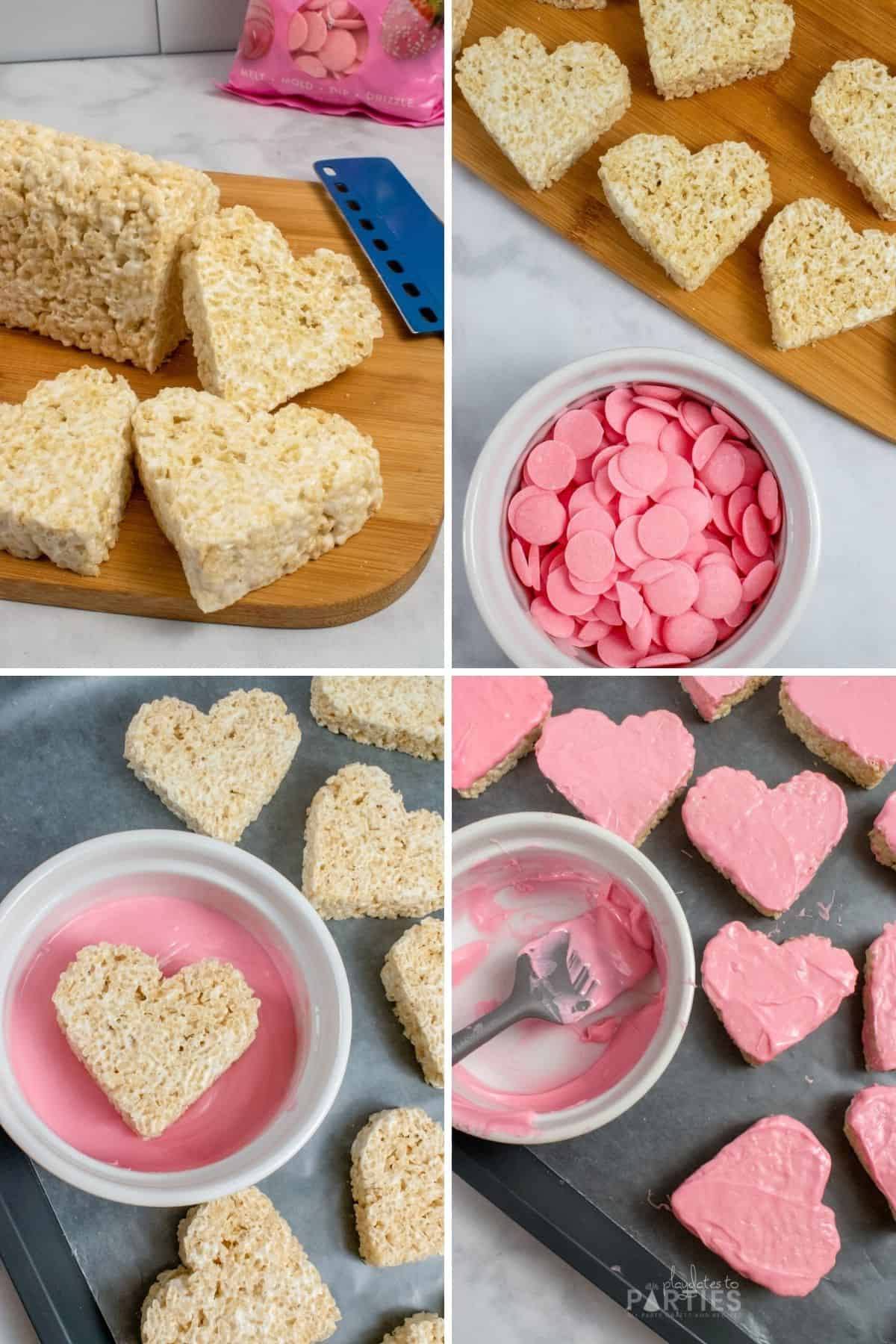 Collage of steps showing how to slice and dip rice cereal treats.