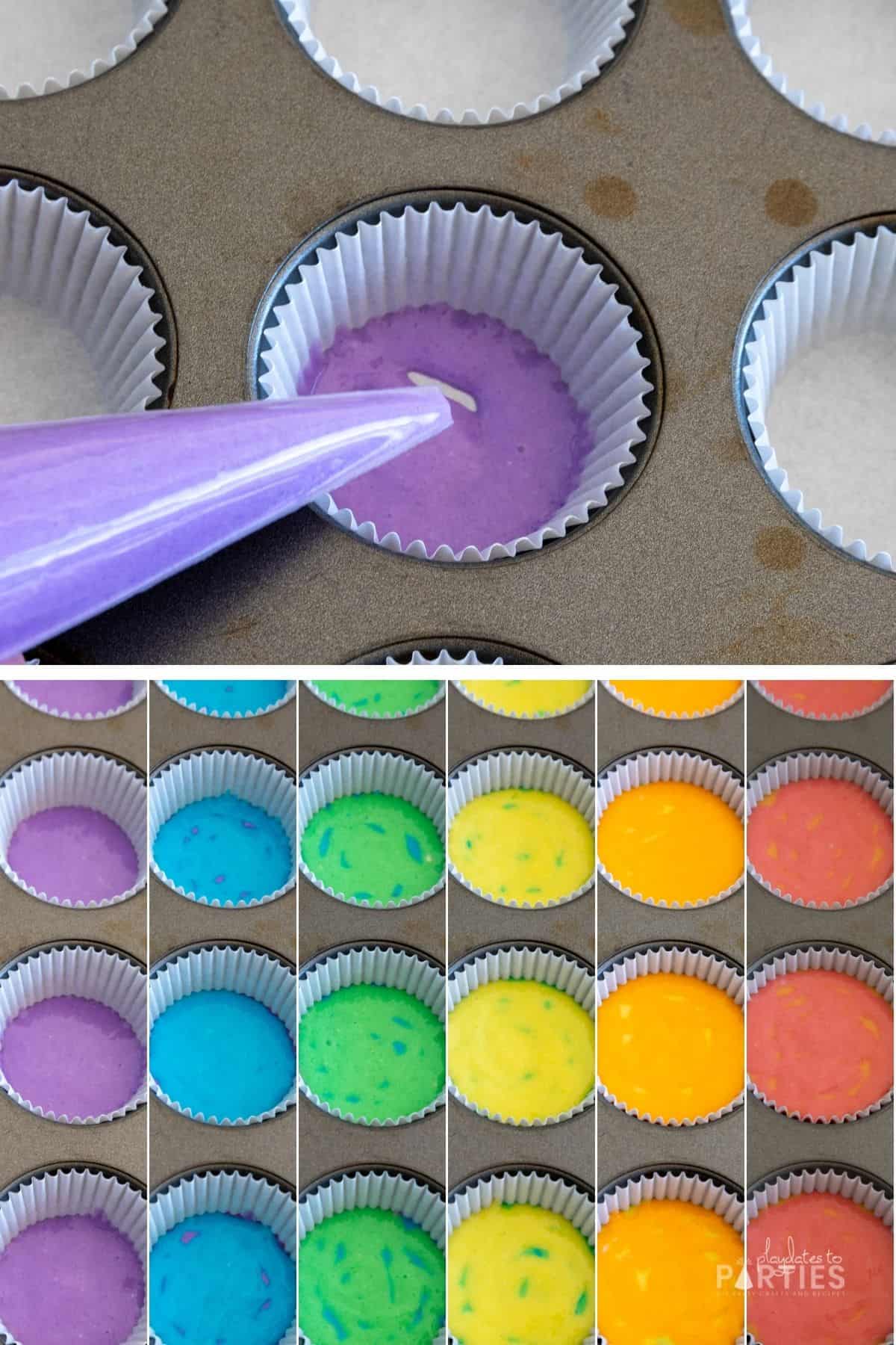 How to pipe rainbow cupcake batter into cupcake liners.