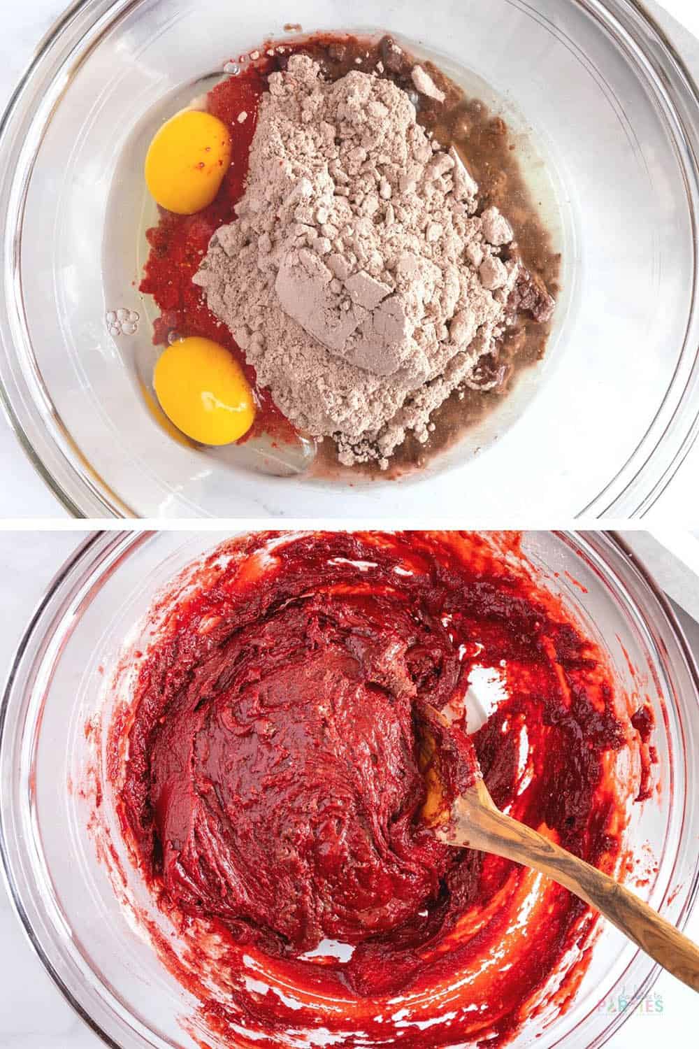 How to make red velvet cookies with cake mix steps one and two.