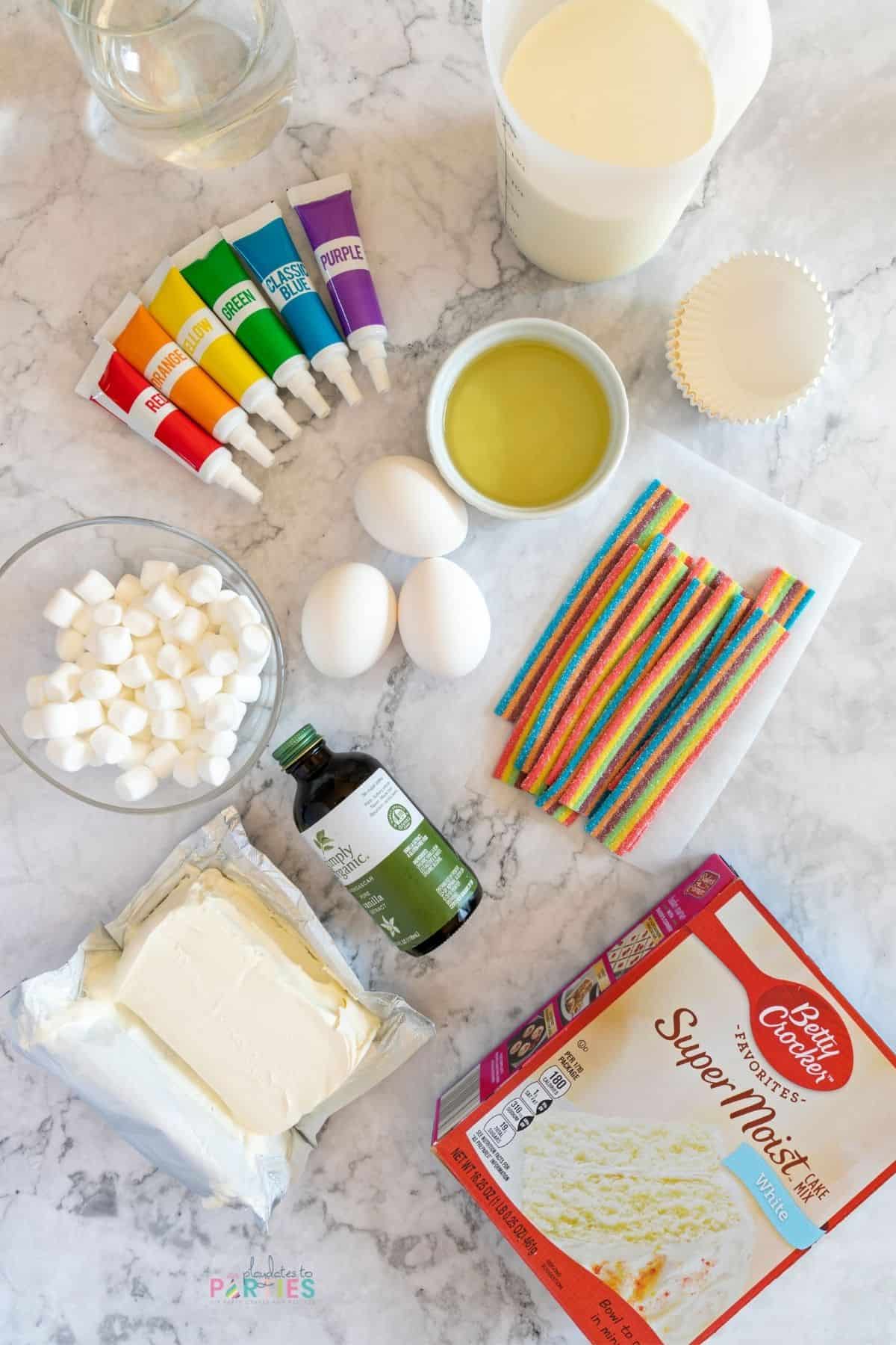Ingredients for rainbow cupcakes.