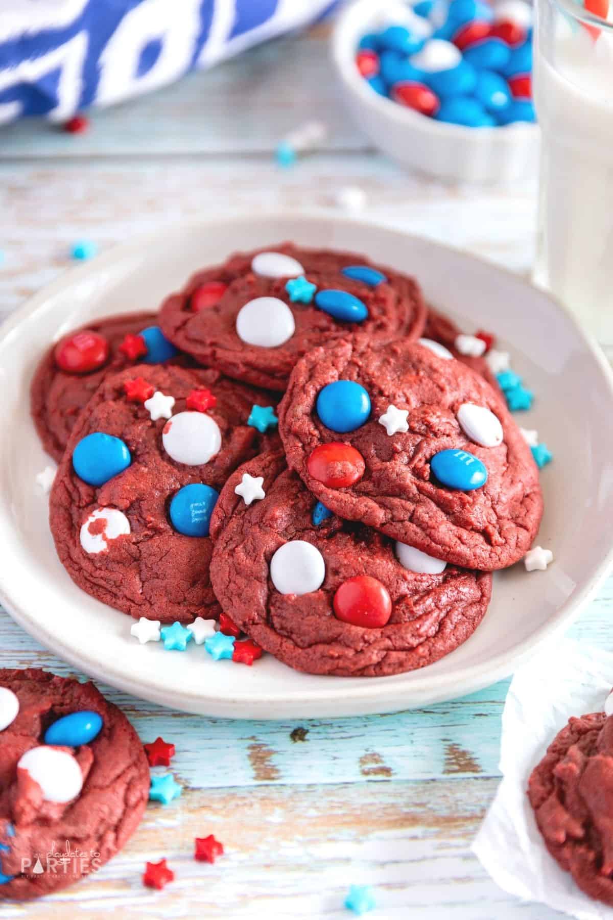 Red velvet cake mix cookies for July 4th with red white and blue M&Ms.