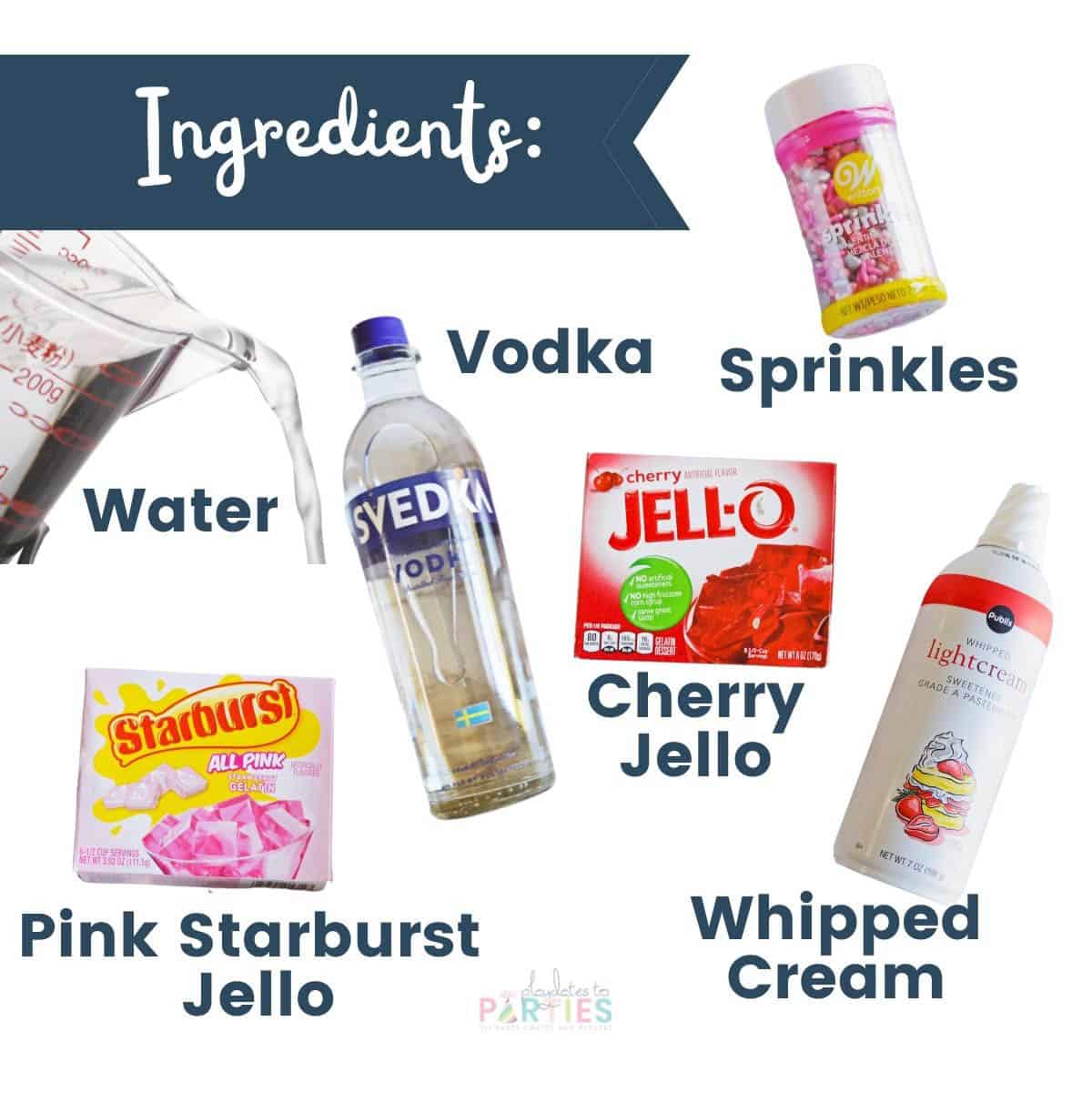 Ingredients for layered pink and red jello shots.