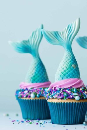 Vanilla party cupcakes with mermaid tail toppers, purple frosting, and mermaid sprinkles.