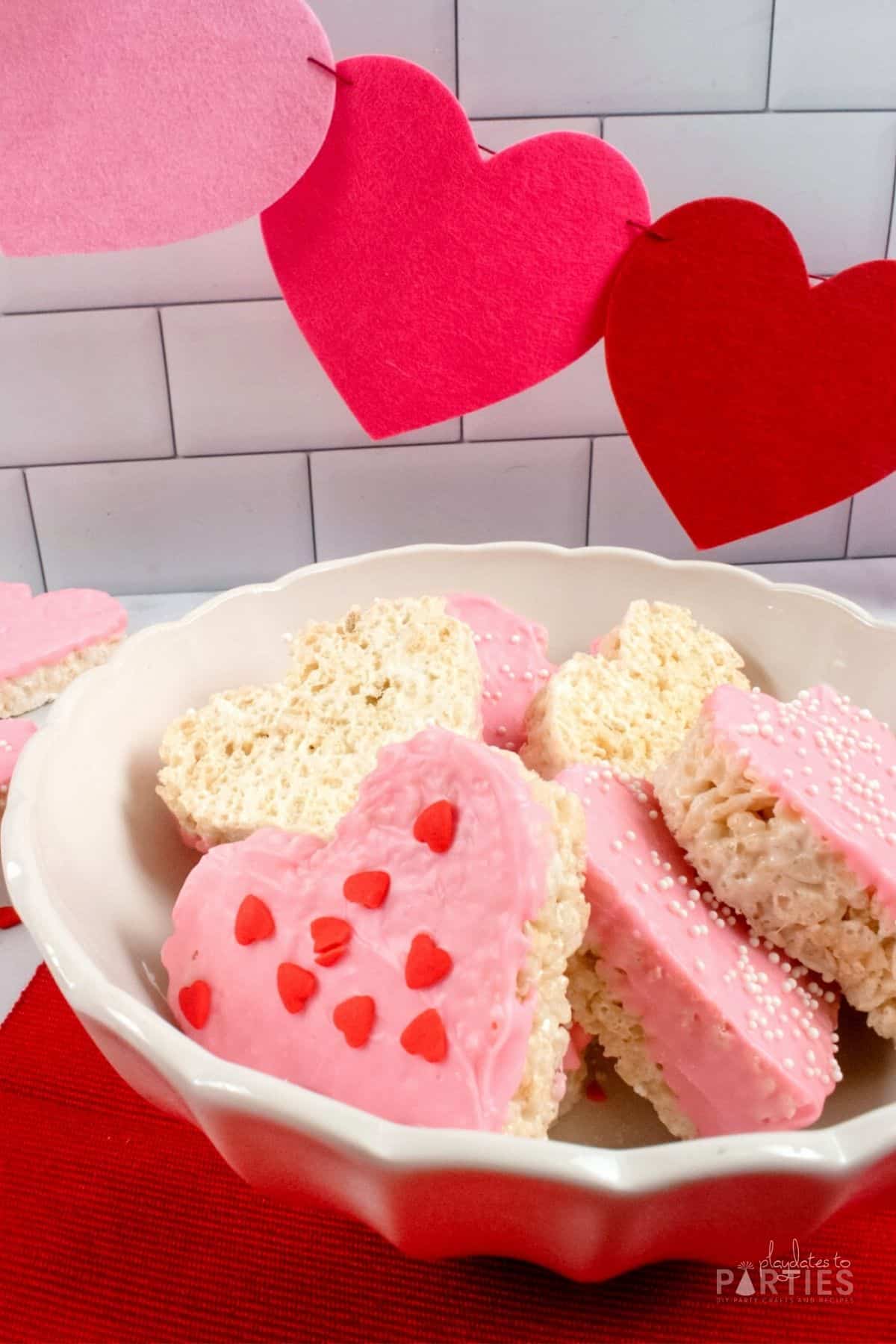 A bowl with cereal treats for Valentine's Day.