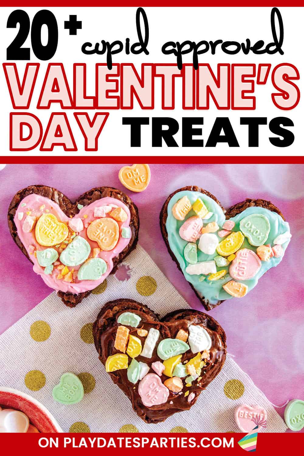 Photo of heart shaped brownies with text overlay 20+ cupid approved Valentine's Day treats.
