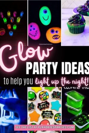 Collage of glow in the dark party ideas to help you light up the night.
