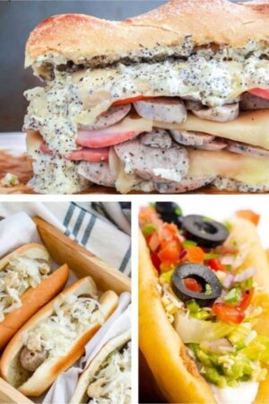 Collage of Super Bowl Recipe ideas including tacos, brats, and a stuffed sandwich.