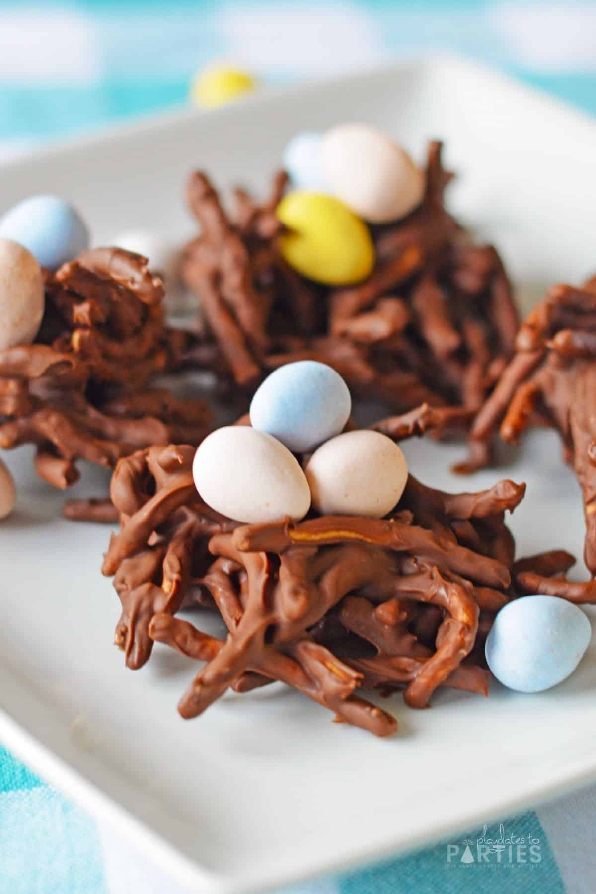 Easter haystack cookies with chocolate eggs.