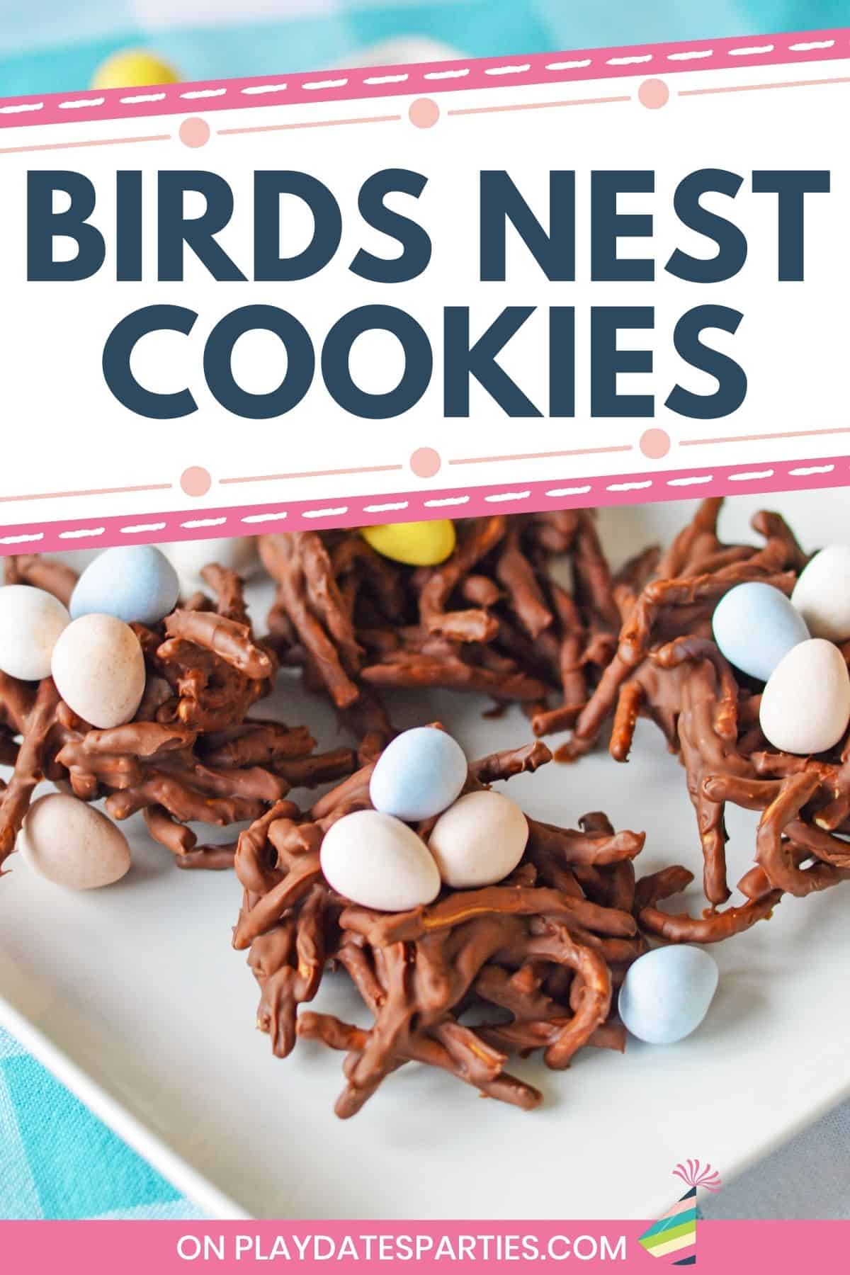 Chocolate chow mein cookies with text overlay birds nest cookies.