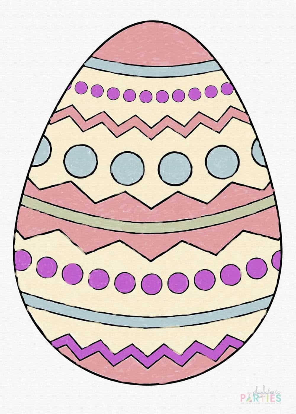 Finished Easter egg coloring page for kids with zig zags, stripes, and polka dots.