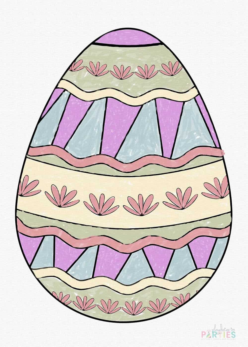 Finished coloring page of an Easter egg with stripes and flowers.
