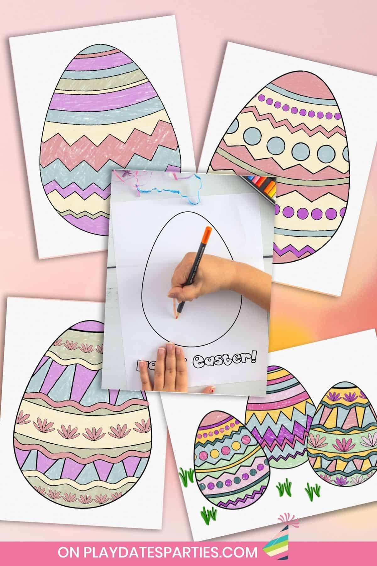 Mockup of five Easter egg coloring pages with text overlay free printable Easter coloring pages against a pink background.