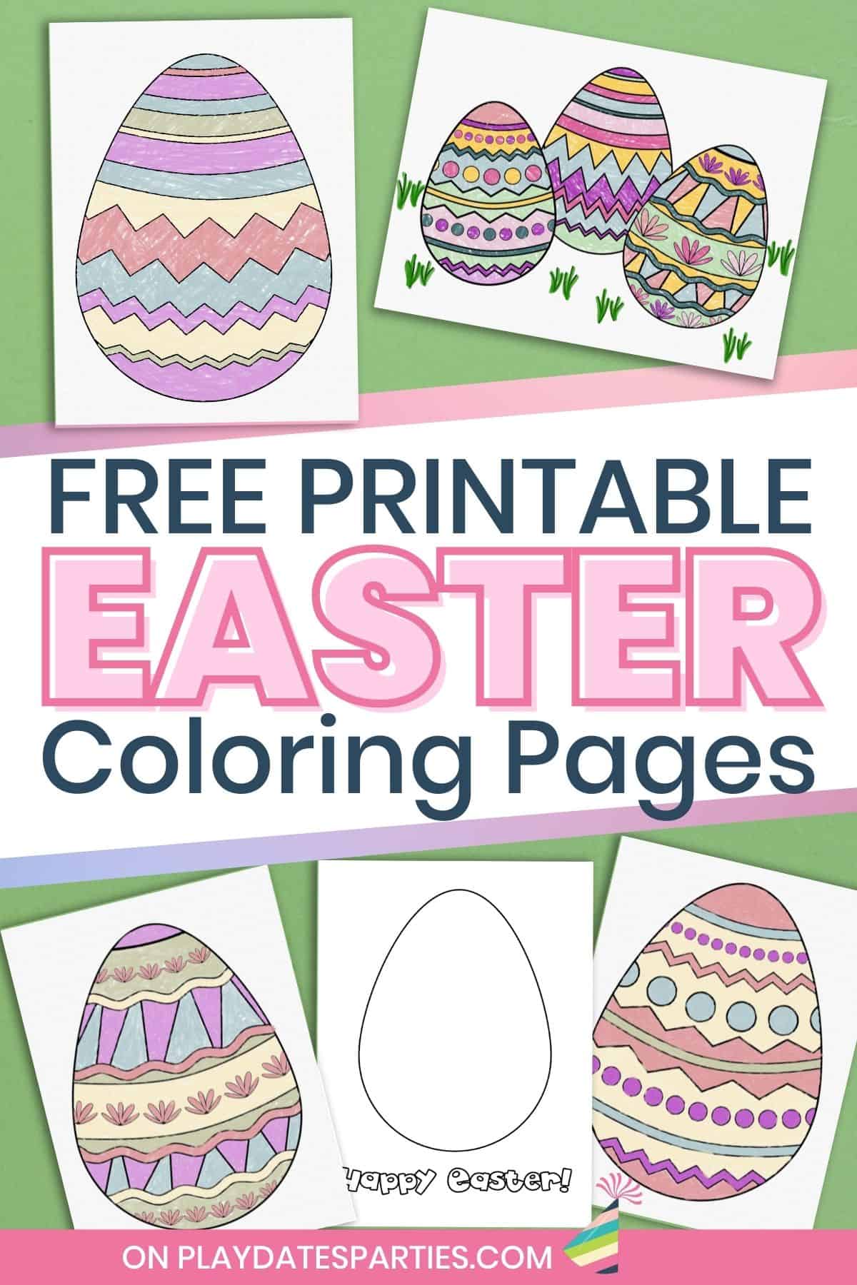 Mockup of four Easter egg coloring pages with text overlay free printable Easter coloring pages.