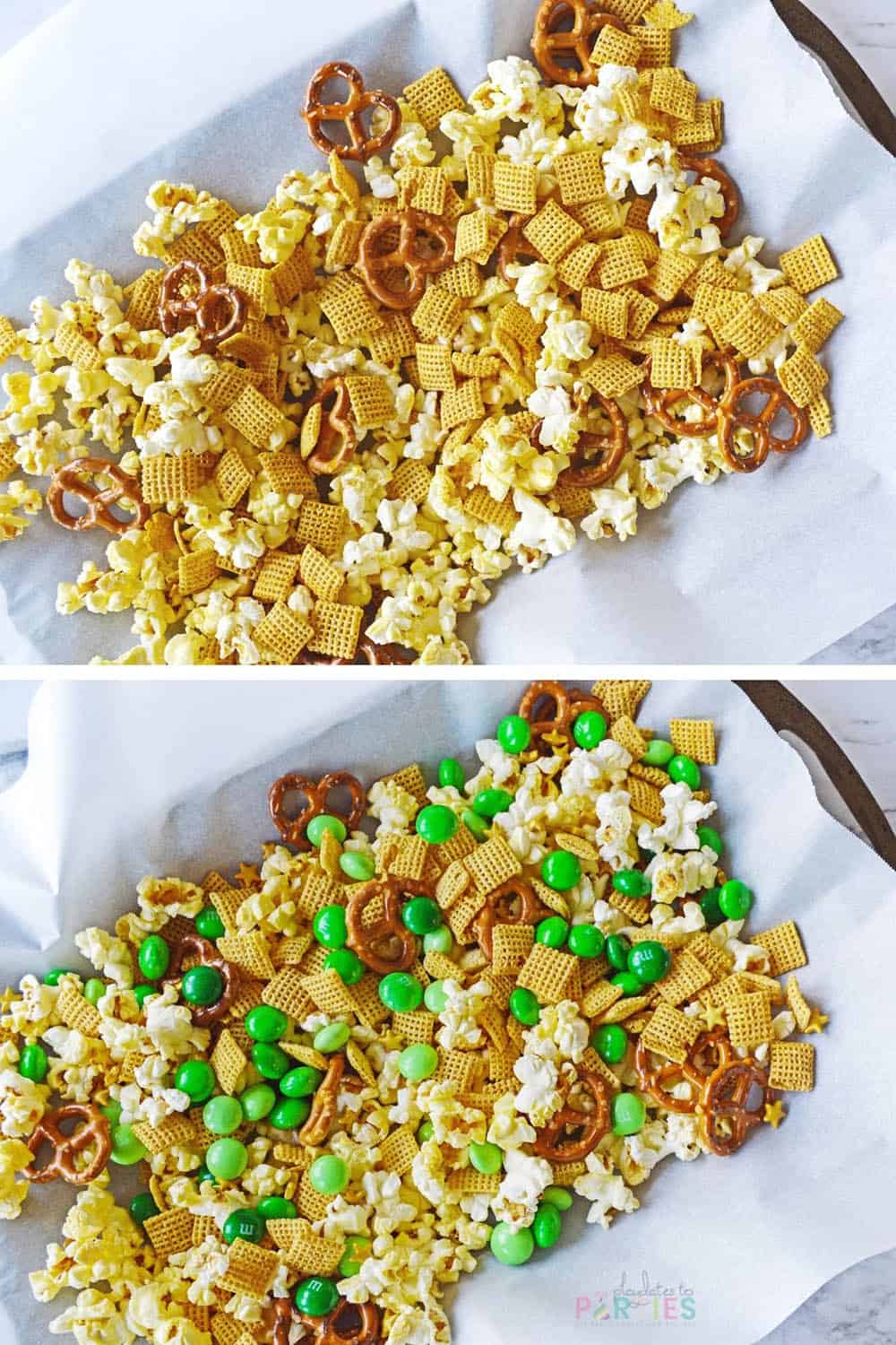 Combining ingredients for St. Patrick's Day snack mix.