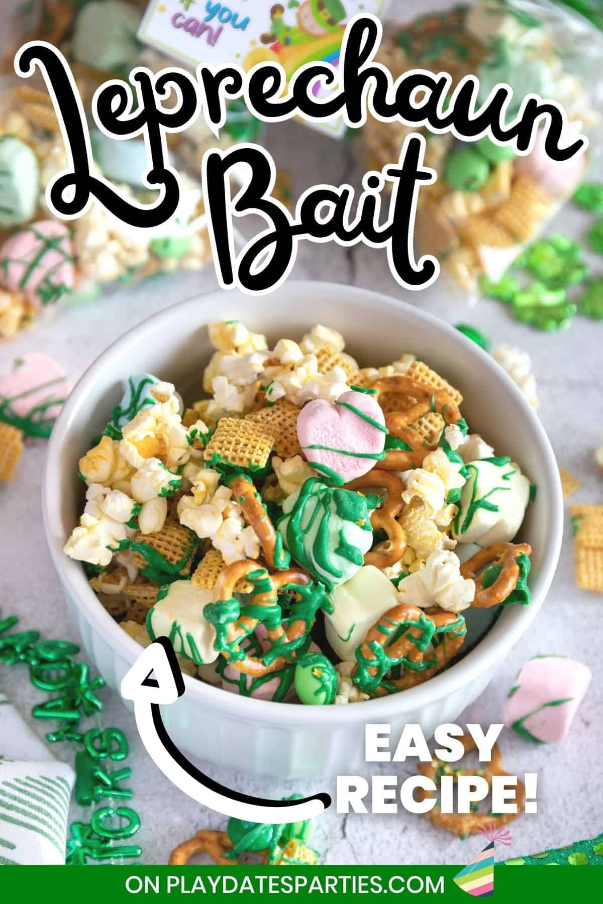 A bowl of St. Patrick's Day snack mix on a concrete surface with text overlay Leprechaun bait easy recipe.