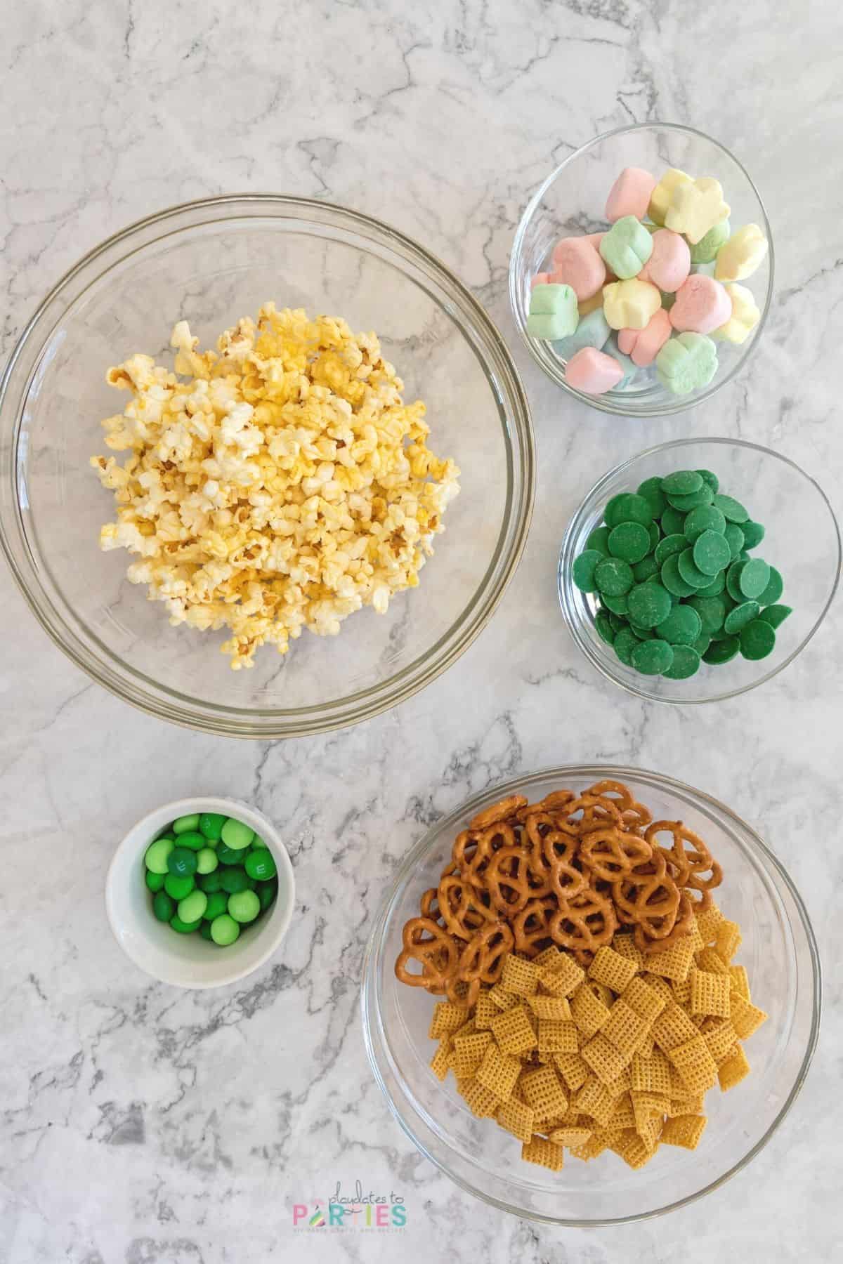 Ingredients for Leprechaun bait snack mix for St. Patrick's Day.