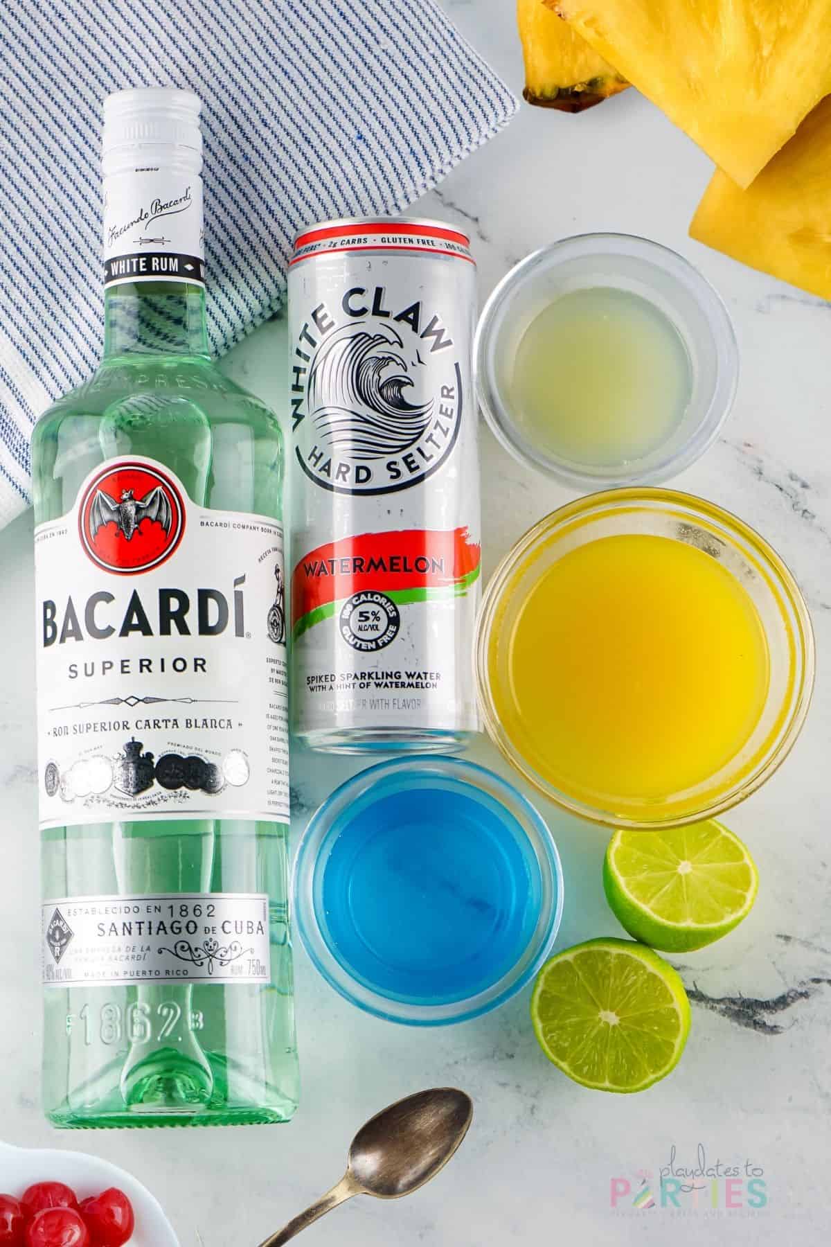 Ingredients for Tipsy mermaid cocktail with rum and White Claw.