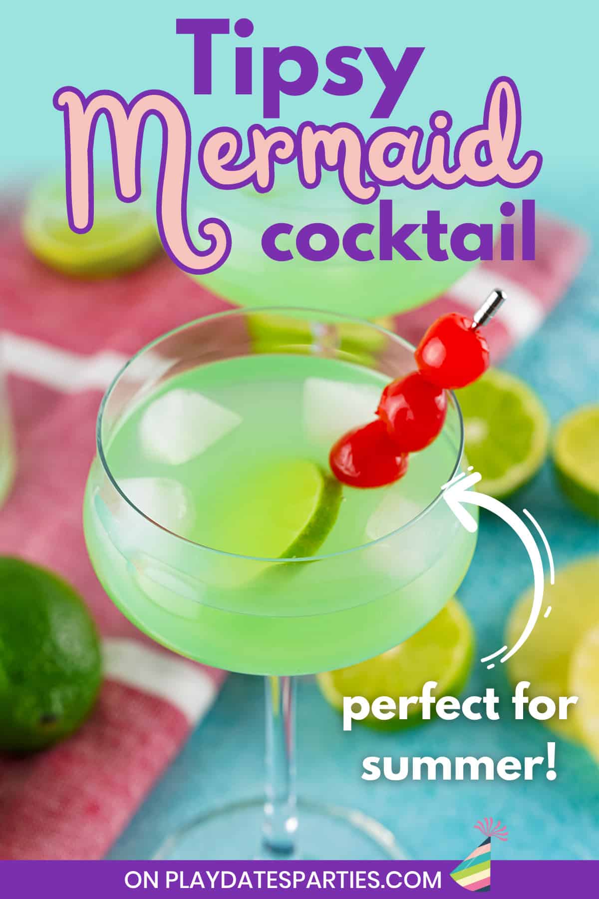 A green cocktail on a blue surface with text overlay Tipsy Mermaid cocktail perfect for summer.