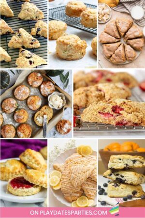 Collage of different scone recipes, including sweet, savory, classic, and unique.
