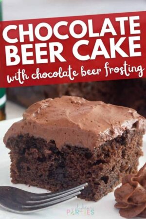 Chocolate beer cake with chocolate frosting with visible moisture from syrup in the recipe.