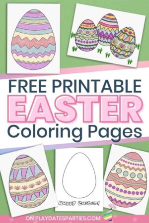 Mockup of five Easter egg coloring pages with text overlay free printable Easter coloring pages.