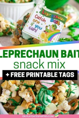 Collage of Leprechaun Bait Snack Mix photos, including a close up of the mix and a photo of a Leprechaun Bait printable tag.