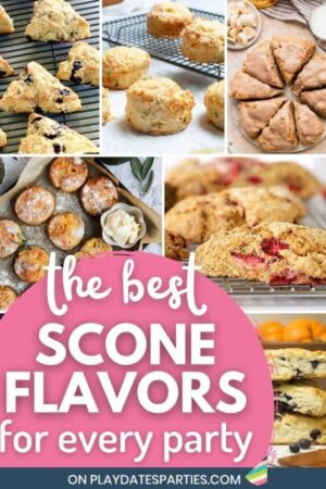 Collage of scones with text overlay the best scone flavors for every party.